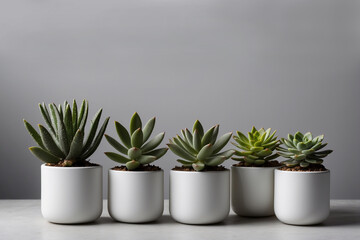 Indoor succulents in white pots against a white wall. Seedling. Created by AI