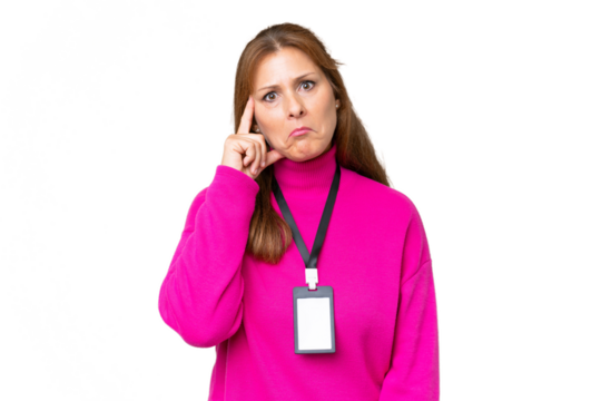 Middle-aged caucasian woman with ID card over isolated background thinking an idea