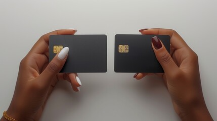 Two female hands holding a blank black credit card, female shopping, isolated on white background 