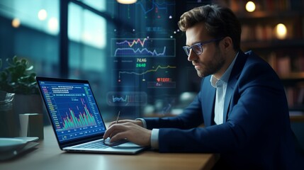 Data scientist, Programmer using laptop analyzing financial data on futuristic virtual interface. Algorithm. Global business development, strategy and planning, digital technology.