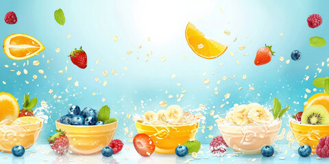 Assorted fresh fruits and berries in colorful bowls with splashing water on a blue background concept