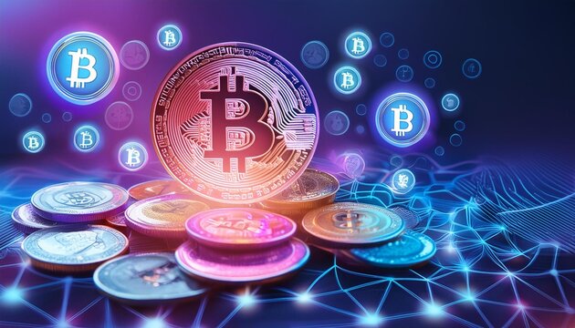 Cryptocurrency background concept,hologram of bitcoins on electronic circuit board chip