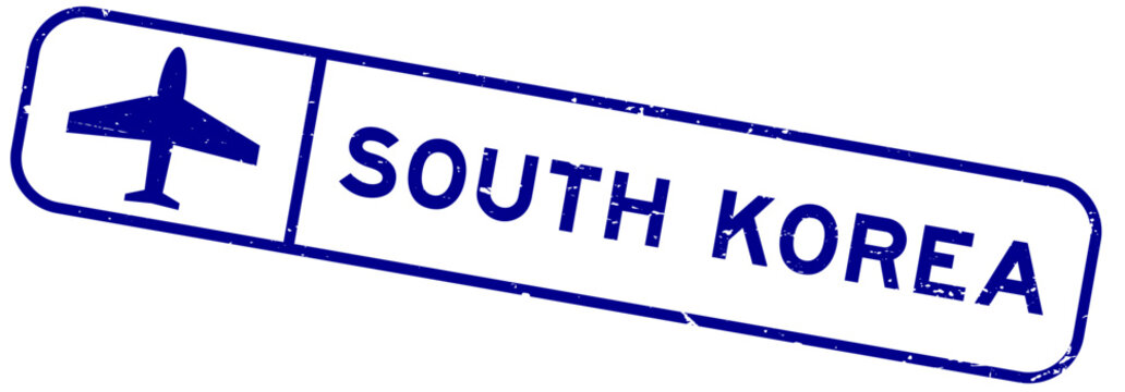 Grunge blue south korea word with plane icon square rubber seal stamp on white background