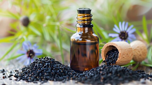 Black cumin oil extract. selective focus, Generative AI,
