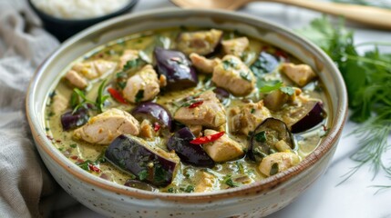 A bowl of aromatic green curry simmering on a stovetop, filled with tender chicken and vibrant Thai eggplants, ready to be enjoyed with rice. - obrazy, fototapety, plakaty
