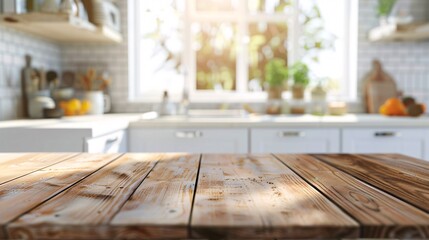 A wooden tabletop on a blurry kitchen backdrop, perfect for showcasing products or designing layouts.
