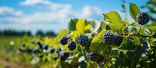 Blackberries growing on a vine in a vineyard on a sunny day - obrazy, fototapety, plakaty