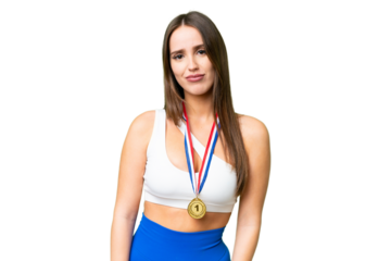Young beautiful woman with medals over isolated chroma key background with sad expression
