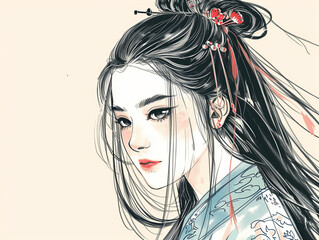 A sketch of cute Chinese girl in tradition national costume, Generative AI - obrazy, fototapety, plakaty