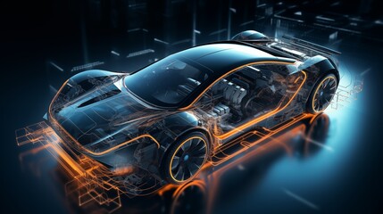 futuristic electric sport fast car chassis and battery packs with high performance or future EV fatory production and prototype showcase concepts as wide banner with copy space area.