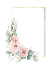 Watercolor floral frame with golden geometric shape.. Dusty pink roses flowers and eucalyptus leaves. Arrangement for wedding invitations, greetings, cards. Hand painted illustration.