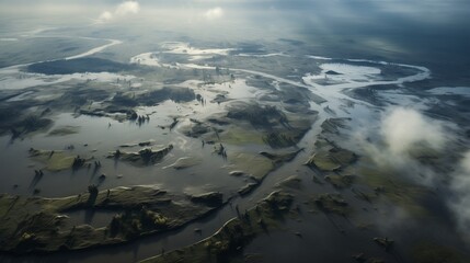 Evocative aerial view of floodwaters submerging vast landscapes, underscoring the widespread devastation caused by natural disasters such as floods. - obrazy, fototapety, plakaty