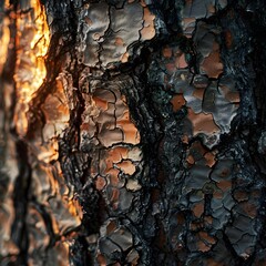 Golden hour sunlight illuminates the rugged texture of pine tree bark, highlighting the contrast and patterns in a close-up shot. - obrazy, fototapety, plakaty