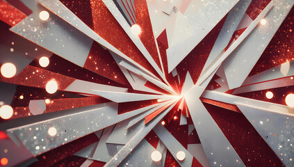 Abstract background of triangle shapes in red and white color glitter textured glowing lights. Red...