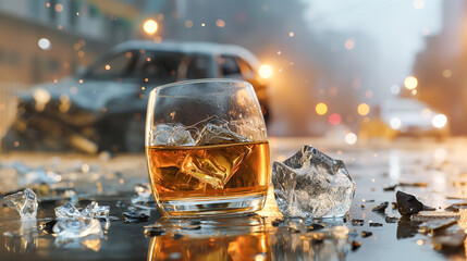 Glass of whiskey or cognac against the backdrop of an accident with a broken car. Concept of driving a car while drunk - obrazy, fototapety, plakaty