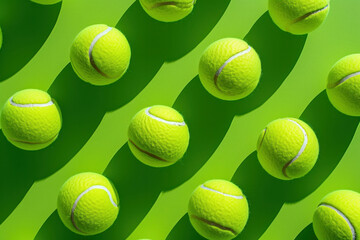 Pattern of tennis balls with shadows on green surface in geometric arrangement