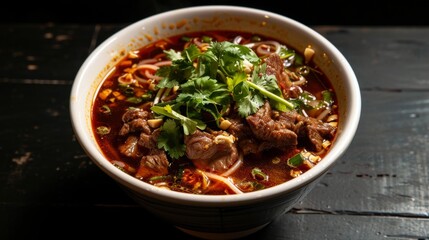 A bowl of traditional Thai boat noodles, brimming with tender meat, fresh herbs, and a rich, spicy broth, ready to comfort and delight.