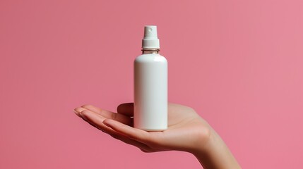 female hand holding blank white plastic bottle tube with spray pump on pink background - obrazy, fototapety, plakaty