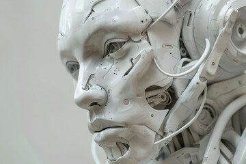 A white robot with a face and wires coming out of it - obrazy, fototapety, plakaty