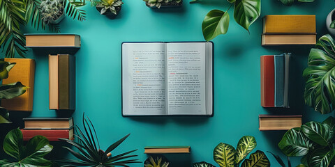 Open book surrounded by books and plants on turquoise background in a peaceful and inspiring setting
