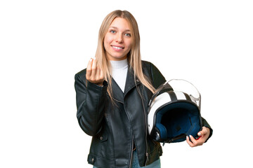 Young pretty blonde woman with a motorcycle helmet over isolated chroma key background making money...