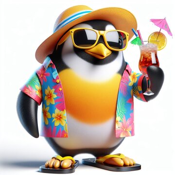 3d penguin, mascot, hawaii vacation, marine theme, series of images