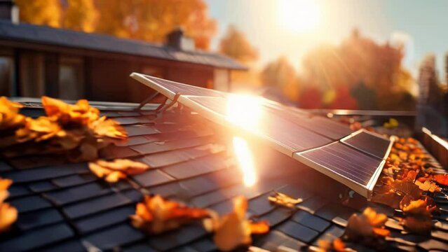 Autumn. A close-up of a group of rooftop solar panels demonstrating a solution to incorporate renewable energy sources into urban planning to reduce carbon dioxide emissions.	