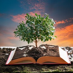 Roots of Knowledge: A Tree Growing from the Pages - obrazy, fototapety, plakaty