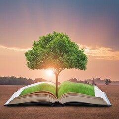 Roots of Knowledge: A Tree Growing from the Pages - obrazy, fototapety, plakaty