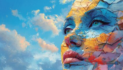 Portrait of a Woman with Broken Paint Pieces on Her Face Against a Blue Sky Background - obrazy, fototapety, plakaty