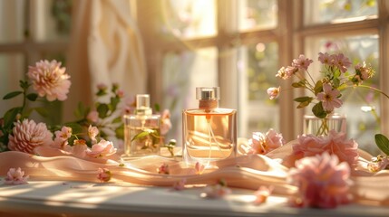 Naklejka premium Perfume, silk and flowers, products shot in the studio