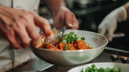 Obraz na płótnie Canvas A chef garnishing a bowl of chicken tikka masala with fresh cilantro leaves, adding a burst of color and flavor to the classic Indian dish.