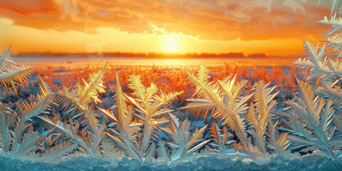 Winter Wonderland Sunset over Frosty Landscape with Grasses and Trees in Frozen Field