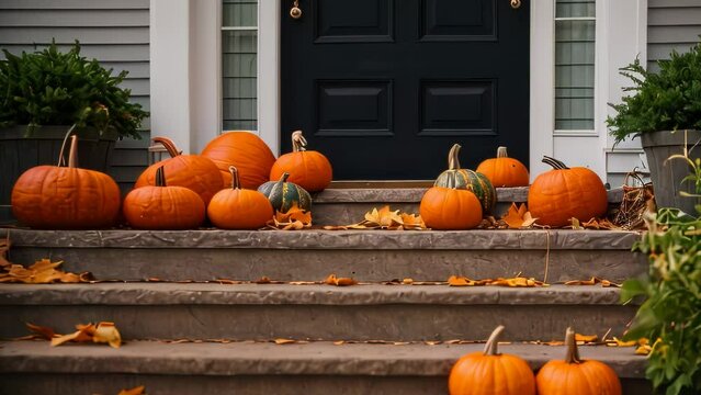 Video animation of harming autumn porch display. The scene features a front porch adorned with various pumpkins of different sizes.