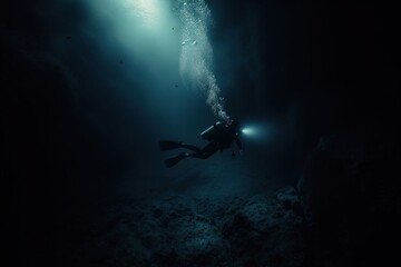 Diver exploring the underwater with deep-sea creatures recreation adventure outdoors. - obrazy, fototapety, plakaty