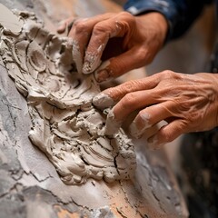 Detailed view of an artist's hands as they carefully sculpt and add intricate textures to a piece of wet clay. - obrazy, fototapety, plakaty