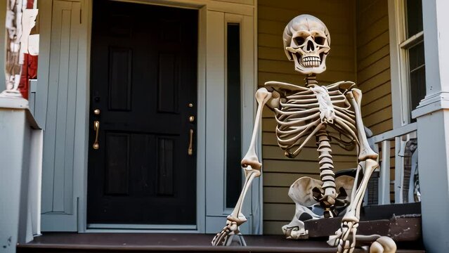 Video animation of  skeleton model is casually seated on a porch. The skeleton rests one hand on its knee while the other supports it from the ground. The porch features wooden flooring