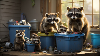 raccoons in a blue trash can. They are looking at the camera. - obrazy, fototapety, plakaty
