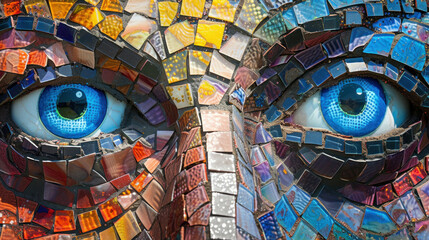 Colorful mosaic portrait with blue eyes in a variety of vibrant colors and intricate patterns - obrazy, fototapety, plakaty