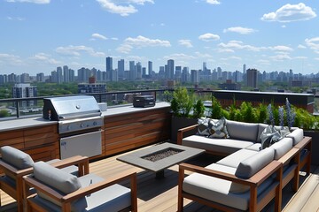 A chic rooftop terrace with comfortable seating, a built-in barbecue grill, and panoramic views of the city skyline.