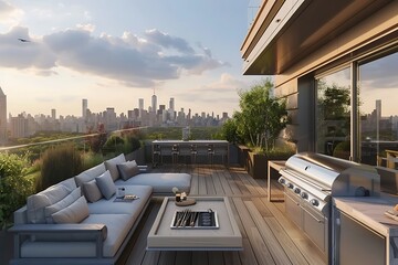 A chic rooftop terrace with comfortable seating, a built-in barbecue grill, and panoramic views of the city skyline. - obrazy, fototapety, plakaty