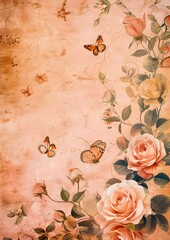 vintage background with roses and butterflies  watercolor, peach color