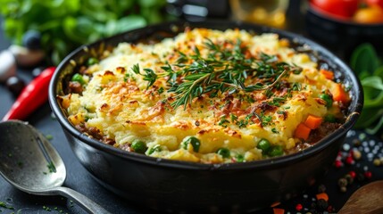 Fototapeta premium A delicious and comforting shepherd's pie, made with ground lamb, vegetables, and a creamy mashed potato topping.