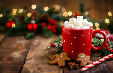 
A red mug with hot chocolate inside, next to gingerbread man cookies and a candy cane on a wooden table, with Christmas decorations in the background - obrazy, fototapety, plakaty