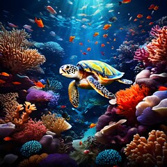 Naklejka na ściany i meble tropical coral reef, An underwater scene teeming with colorful coral, busy clownfish, and a gentle sea turtle
