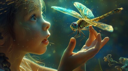 A child reaching out to touch a dragonfly perched on their finger, their face alive with joy and wonder at this enchanting encounter.