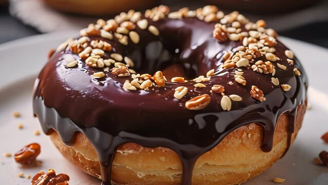Video animation of  close up of a gourmet chocolate glazed donut with toppings. The donut is topped with what appears to be chopped nuts and drizzled chocolate.