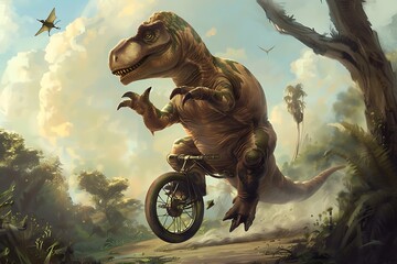 A chubby, clumsy dinosaur trying to ride a unicycle, causing chaos and laughter in a prehistoric park. - obrazy, fototapety, plakaty