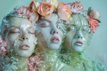 Three women in plastic outfits with flower headpieces and faces covered in white paint, artistic and surreal concept photo