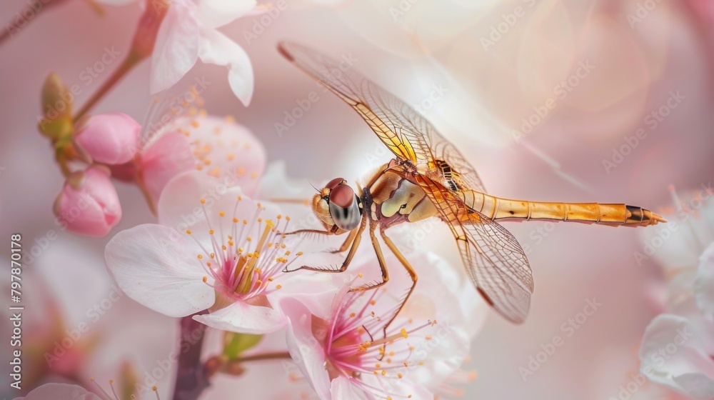 Poster a close-up of a dragonfly perched on a delicate blossom, its slender legs and intricate wing pattern